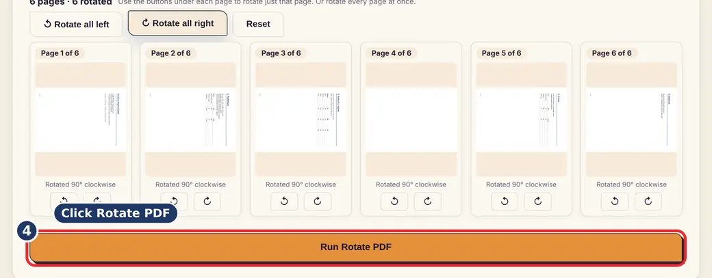 Step 4: Press Run (rotate PDF 90 degrees and save) - Rotate PDF on LoveByPDF