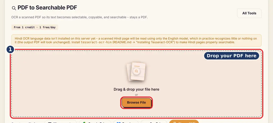 Step 1: Upload the scanned PDF (OCR PDF online) - PDF to Searchable PDF on LoveByPDF