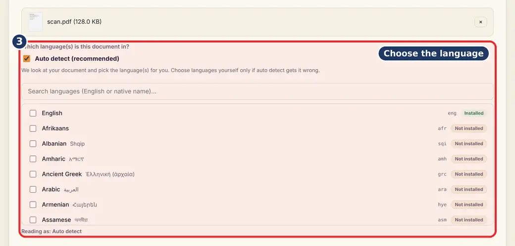 Step 3: Choose the language (PDF OCR Hindi English) - PDF to Searchable PDF on LoveByPDF