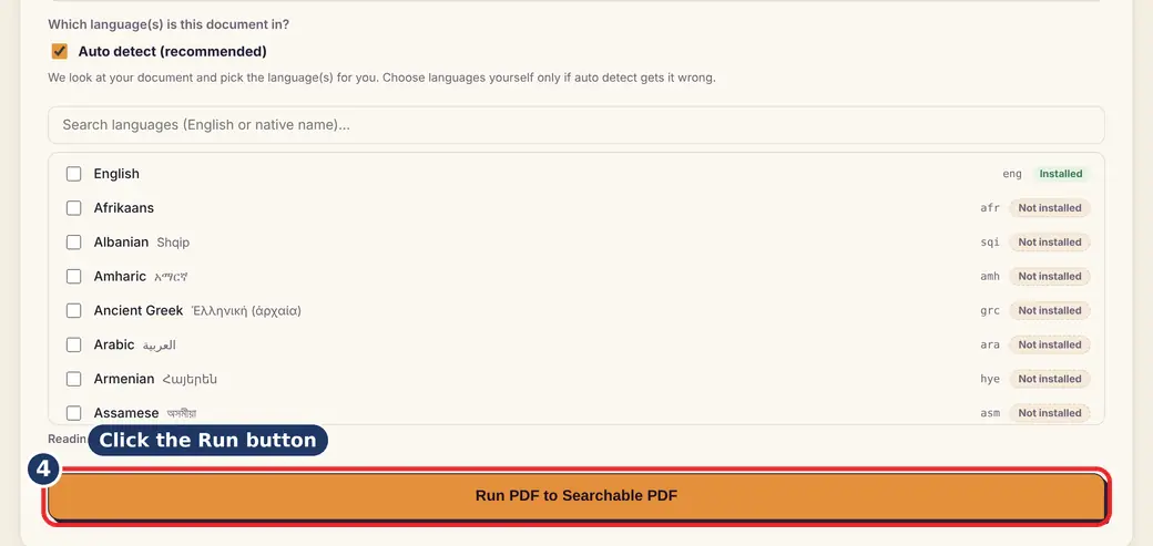 Step 4: Press Run (convert scanned PDF to text) - PDF to Searchable PDF on LoveByPDF