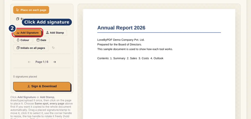 Step 2: Press Add signature (add signature to PDF) - Sign PDF on LoveByPDF
