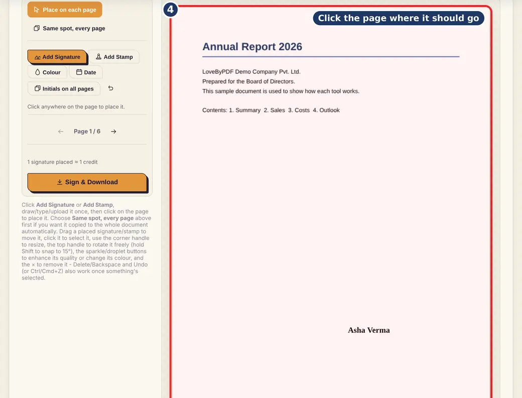 Step 4: Click where it goes (draw or type signature on PDF) - Sign PDF on LoveByPDF