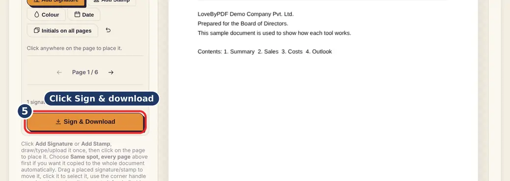 Step 5: Sign and download (sign PDF online) - Sign PDF on LoveByPDF