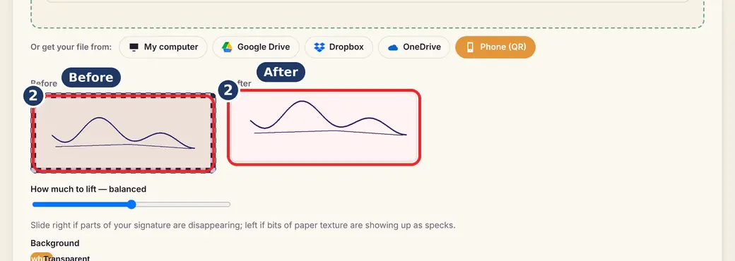 Step 2: Compare before and after (make signature transparent) - Signature Background Remover on LoveByPDF