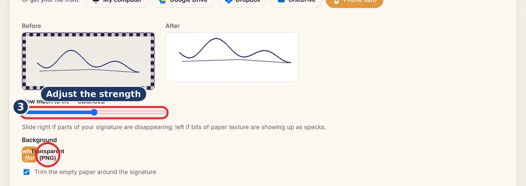 Step 3: Adjust the strength and background (clean scanned signature online) - Signature Background Remover on LoveByPDF