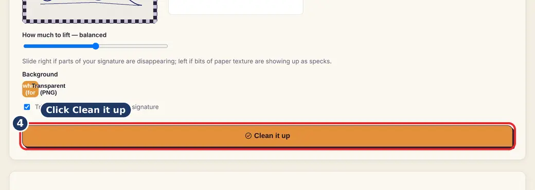 Step 4: Press Clean it up (signature PNG transparent) - Signature Background Remover on LoveByPDF