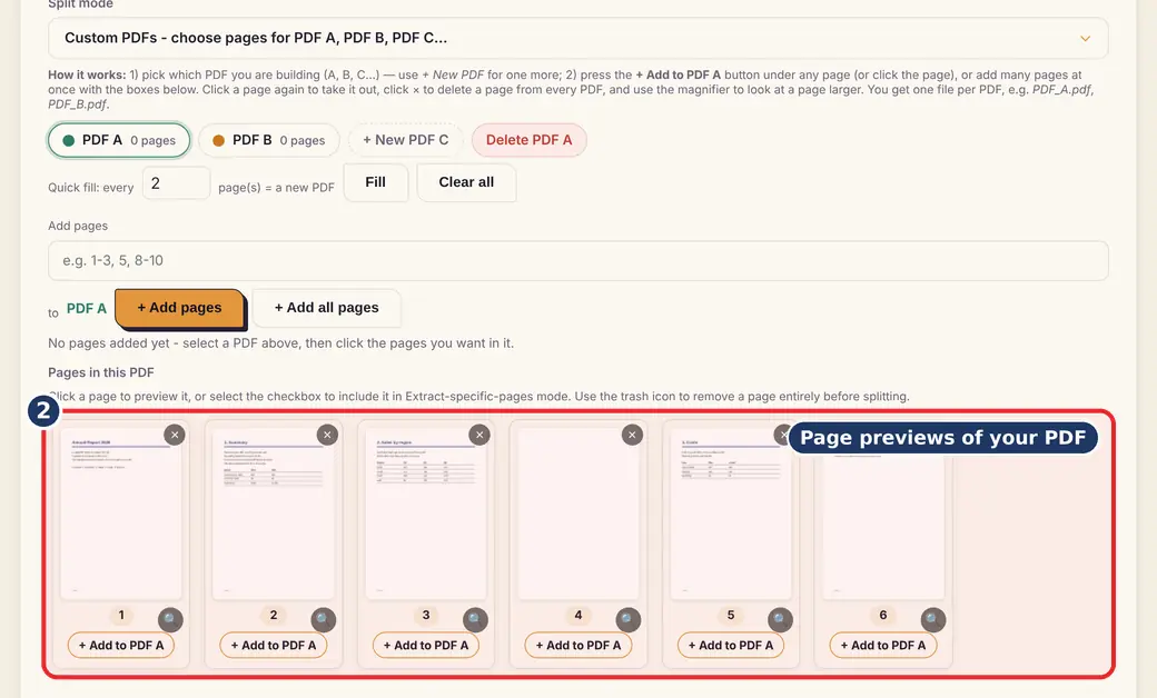 Step 2: Look at the page previews (extract pages from PDF) - Split PDF on LoveByPDF