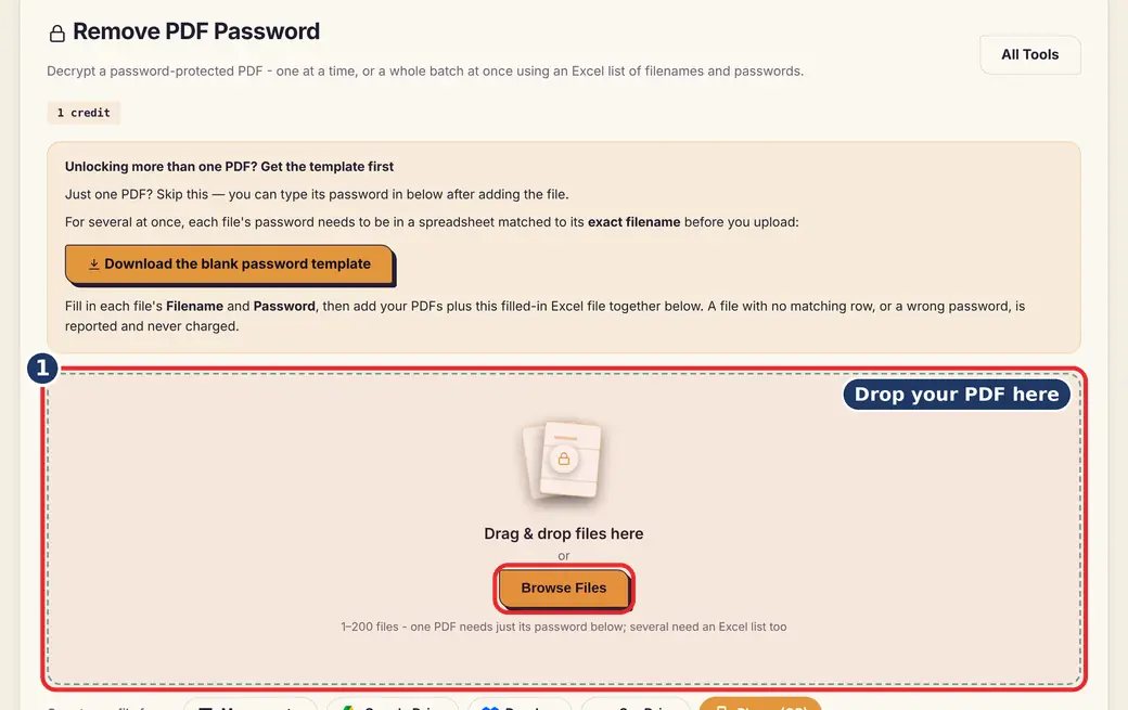 Step 1: Upload the protected PDF (remove PDF password) - Remove PDF Password on LoveByPDF