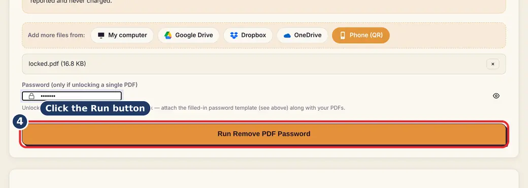 Step 4: Press Run (unlock password protected PDF) - Remove PDF Password on LoveByPDF