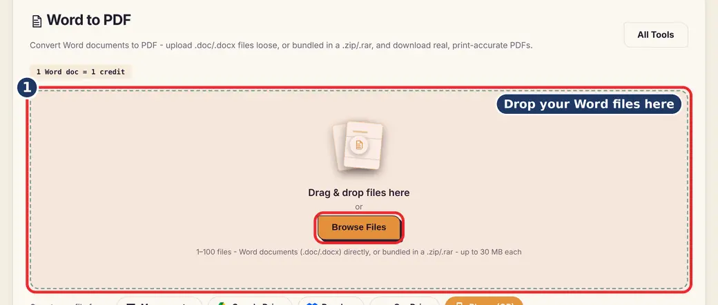 Step 1: Add your Word files (Word to PDF online) - Word to PDF on LoveByPDF