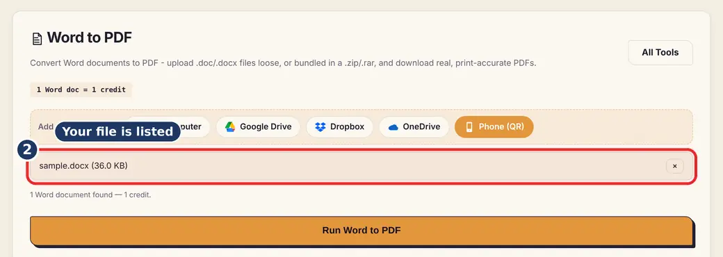 Step 2: Check the list (DOCX to PDF) - Word to PDF on LoveByPDF