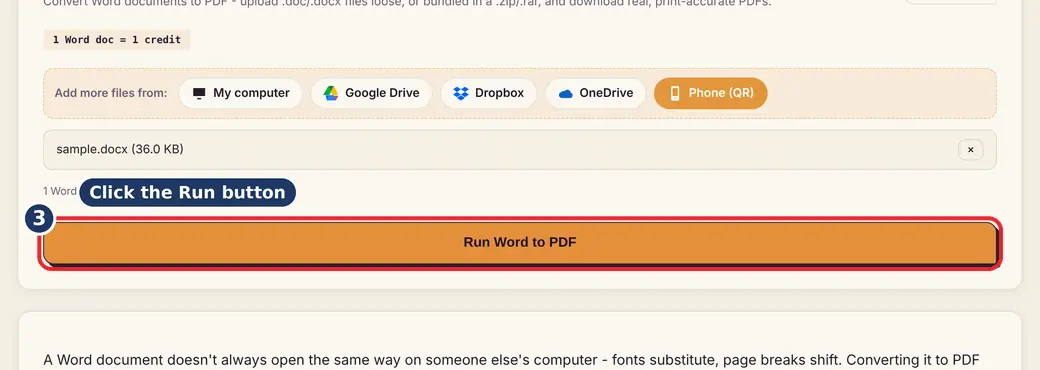 Step 3: Press Run (convert Word document to PDF) - Word to PDF on LoveByPDF